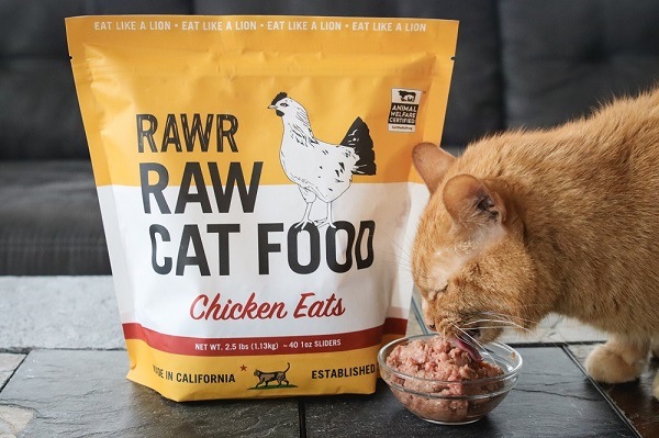 packet of RAWR Chicken Eats with the food in a glass bowl with a ginger cat eating it
